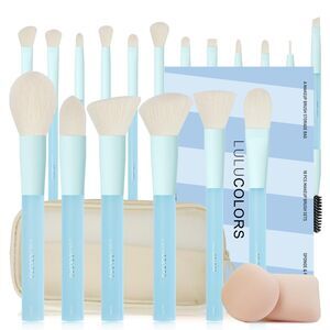 18-Pieces Blue Professional Makeup Brushes Rubberized Handles With Travel Bag